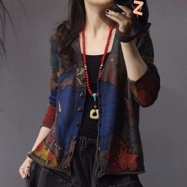 Spring Printed Knitted Cardigan Women Retro National Style Top