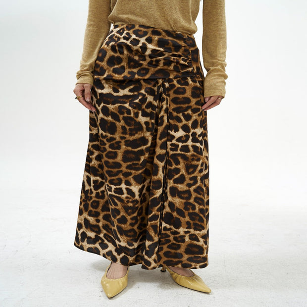 Leopard Print High Waist Long Skirt Pleated Skirt