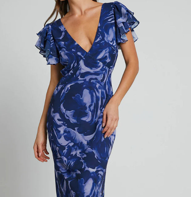 New European And American Printed Chiffon Maxi Dress Fashionable Temperament V-neck Bell Sleeve Dress