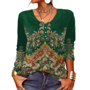 Women's Fashion Loose-fitting Long Sleeves Geometric Floral U-neck Button T-shirt