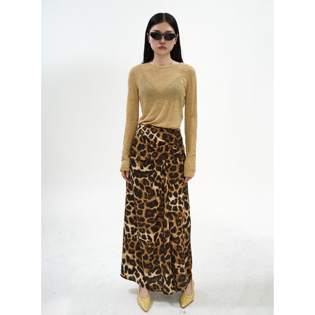 Leopard Print High Waist Long Skirt Pleated Skirt
