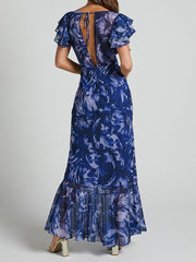 New European And American Printed Chiffon Maxi Dress Fashionable Temperament V-neck Bell Sleeve Dress