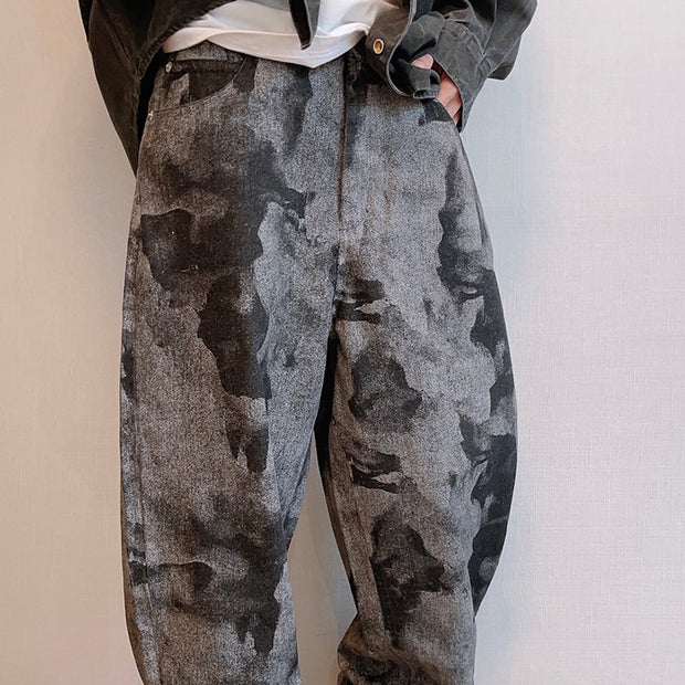 Tie-dye Printed Loose Retro Machete Full Printed Jeans For Men